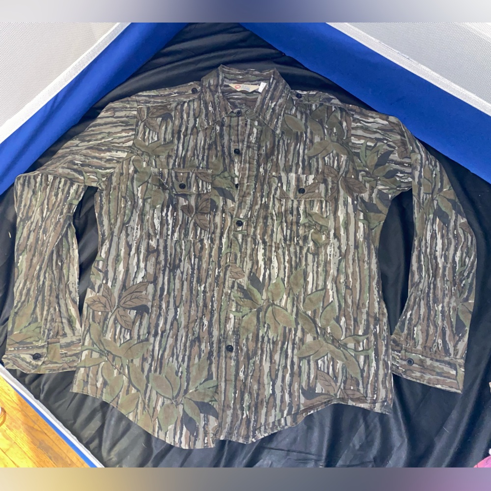 80S SPORTS AFIELD REAL TREE CAMOUFLAGE BUTTON UP SHIRT - X-LARGE